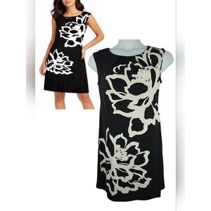 London Times Size 8 Black Dress White Floral Print 3496-AG